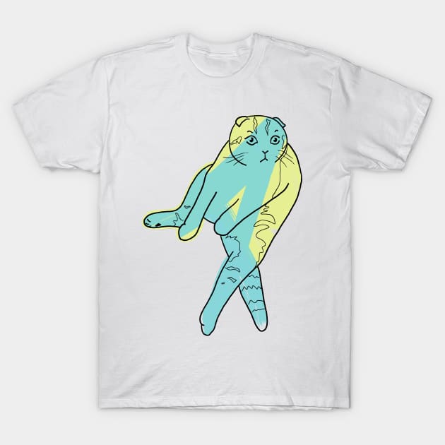 Scottish Fold Cat Sitting Blue/Green and Yellow Design T-Shirt by ursoleite